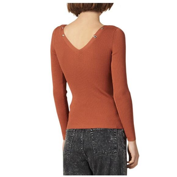 Sandro Justy Ribbed Long Sleeve V-Neck Sweater Terracotta Size 3 (US 8) 0080 - Picture 2 of 2